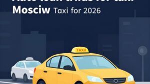 Современный автомобиль такси на фоне панорамы Москвы как символ трендов автокредитования от Р-Ломбард Такси
